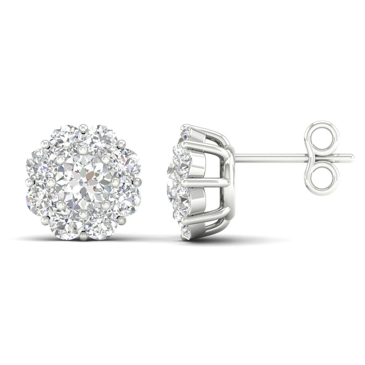 Round Diamond Floral Cluster Halo Stud Earrings