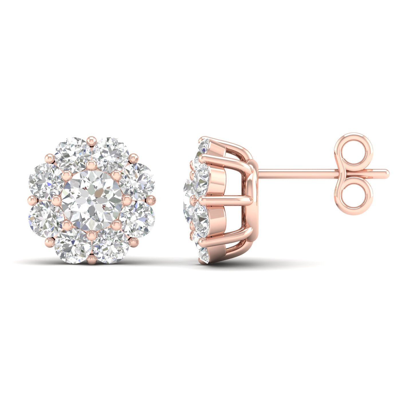 Round Diamond Floral Cluster Halo Stud Earrings